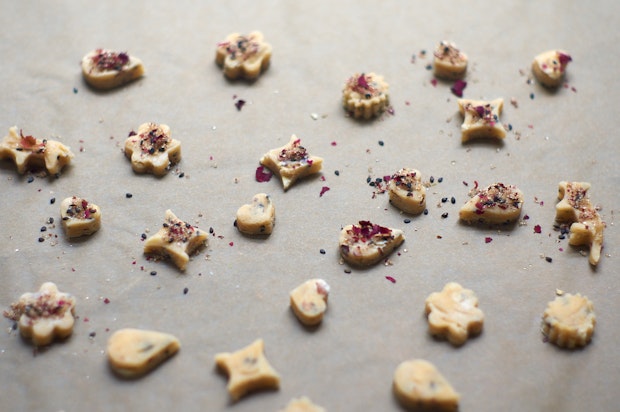 Rose Shortbread Cookie Dough on a Parchment Lined Baking Sheet