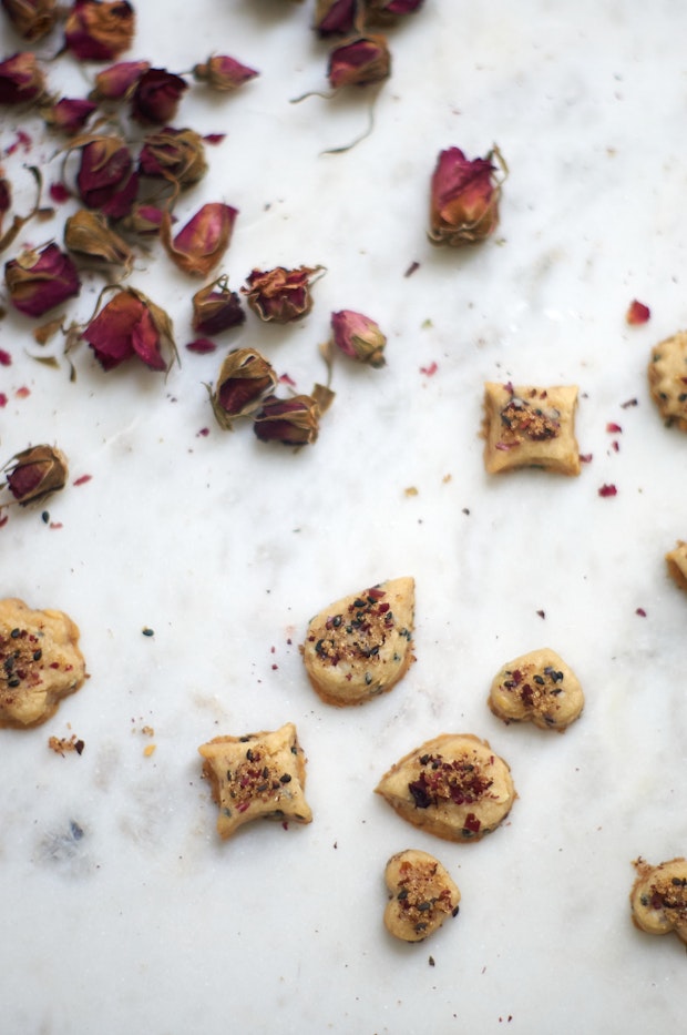 Rose Shortbread Cookies on a Marble Counter