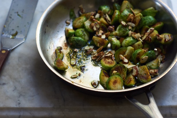 Sauteed Brussels sprouts in a skillet