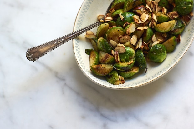 Sauteed Brussels in a serving dish