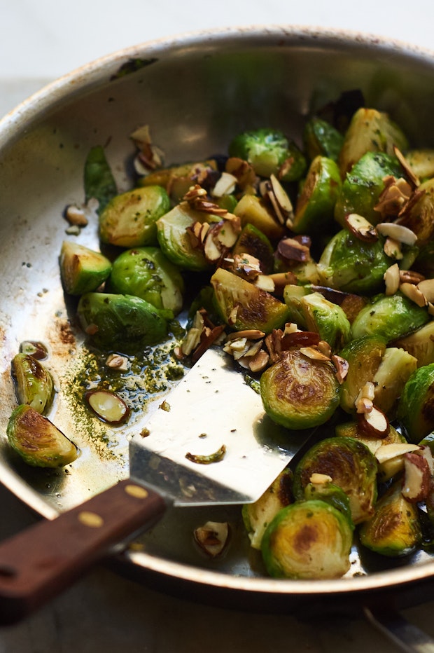 Sauteed Brussels sprouts in a skillet