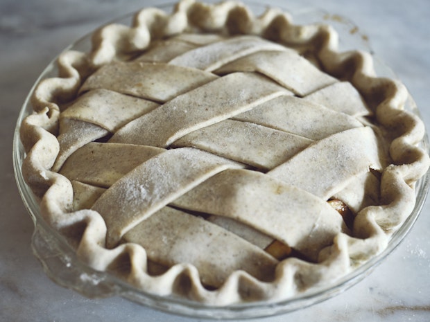 apple pie with lattice crust before baking