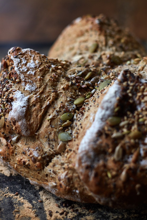close-up photo of seeded soda bread