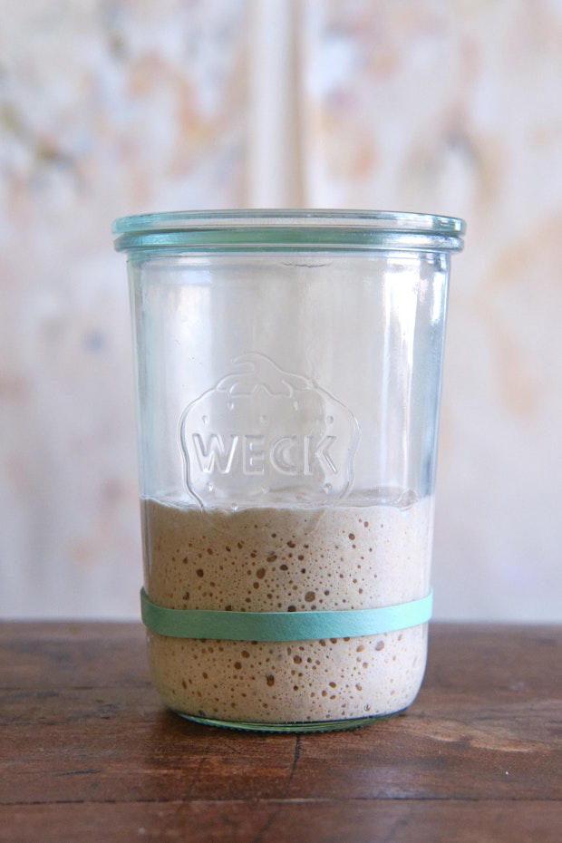 Sourdough starter in a glass jar