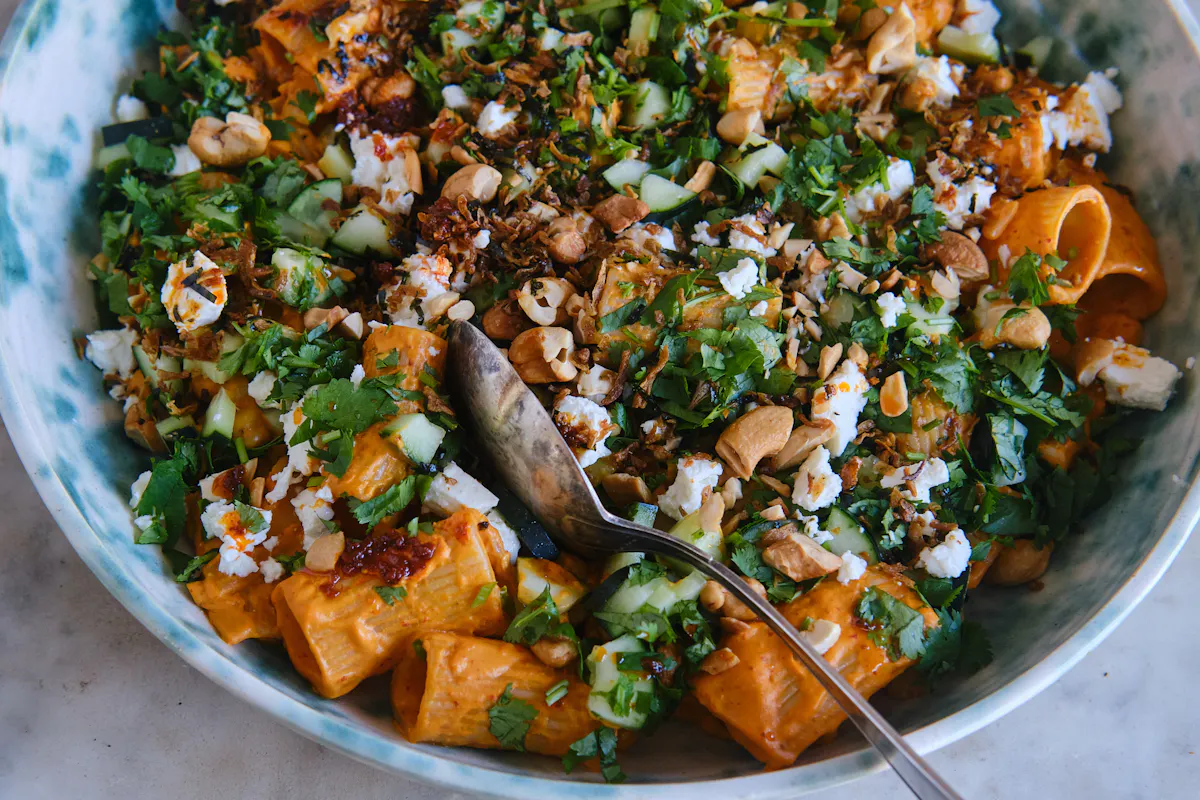 Spicy chickpea pasta bowl overhead