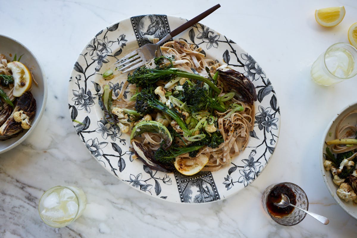 Spicy Tahini Noodles with Roasted Vegetables