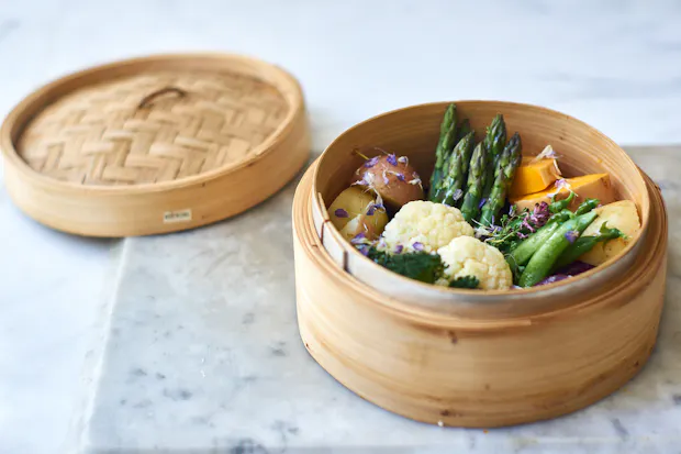 Steaming Vegetables in Bamboo Steamer