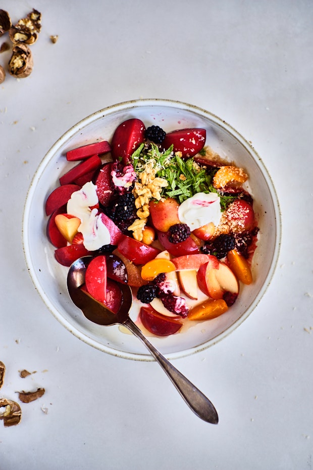 summer fruit salad in a ceramic bowl