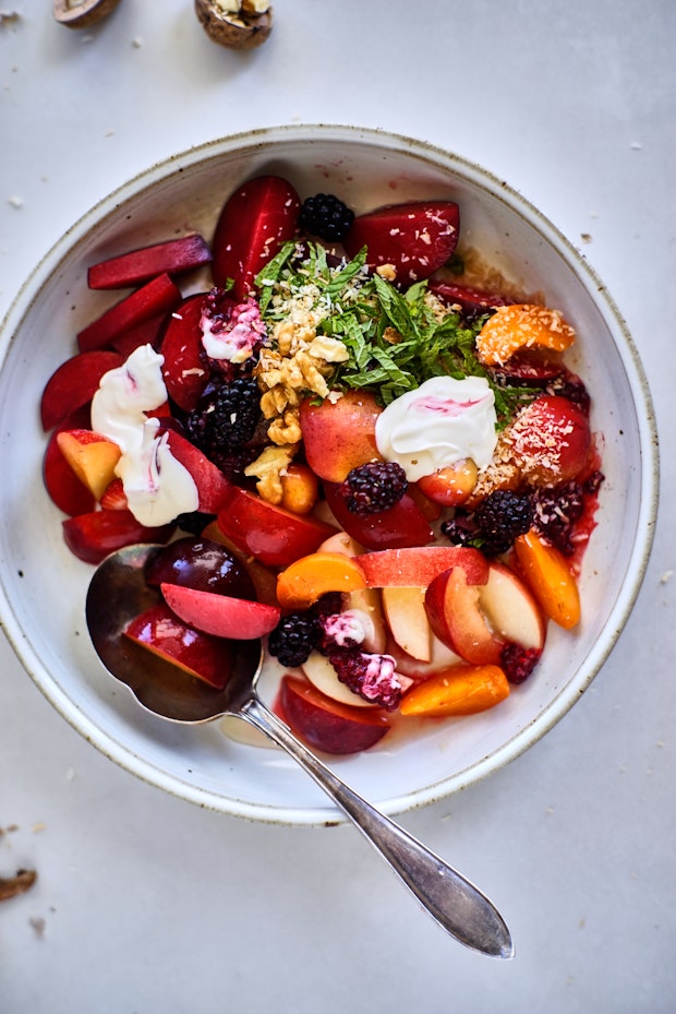 summer fruit salad in a ceramic bowl
