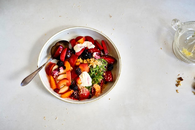 summer fruit salad in a ceramic bowl