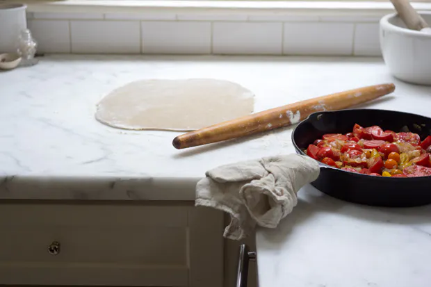 Tomato Tarte Tatin in a skillet