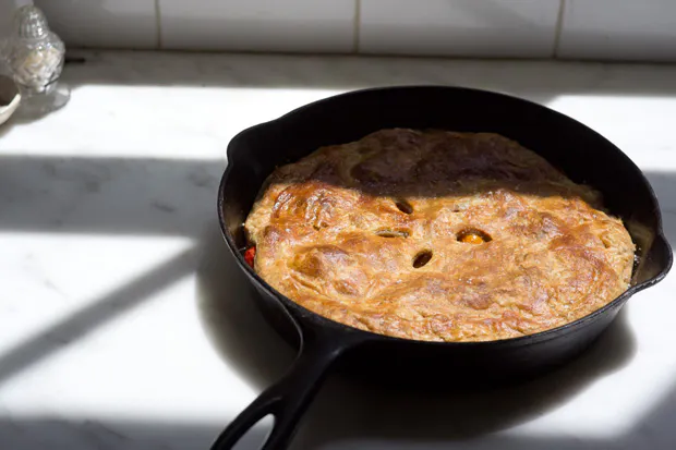 Tomato Tarte Tatin in a skillet