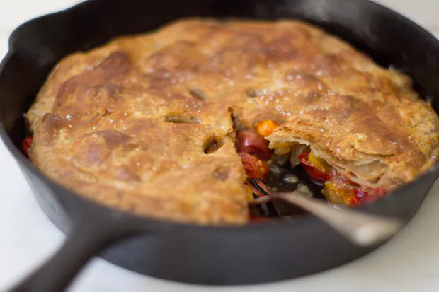 Tomato Tarte Tatin in a skillet