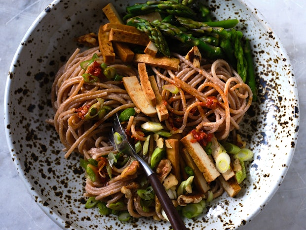 Miso Walnut Noodles with Asparagus