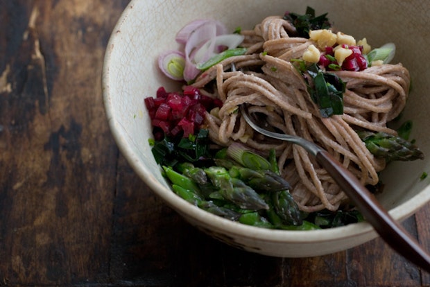 Noodles in a bowl with Swiss chard
