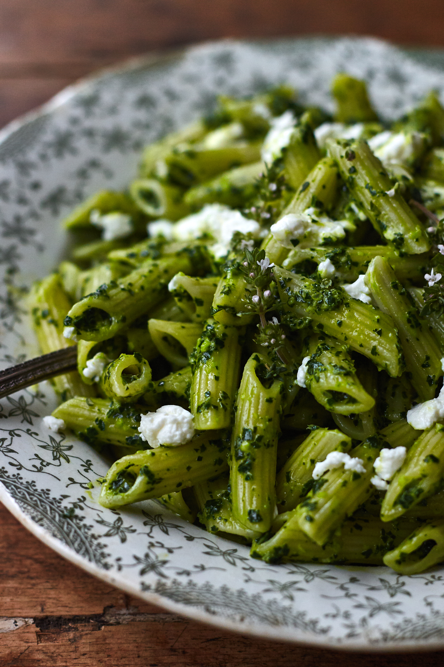 penne pasta made with winter greens like kale and goat cheese on a floral plate